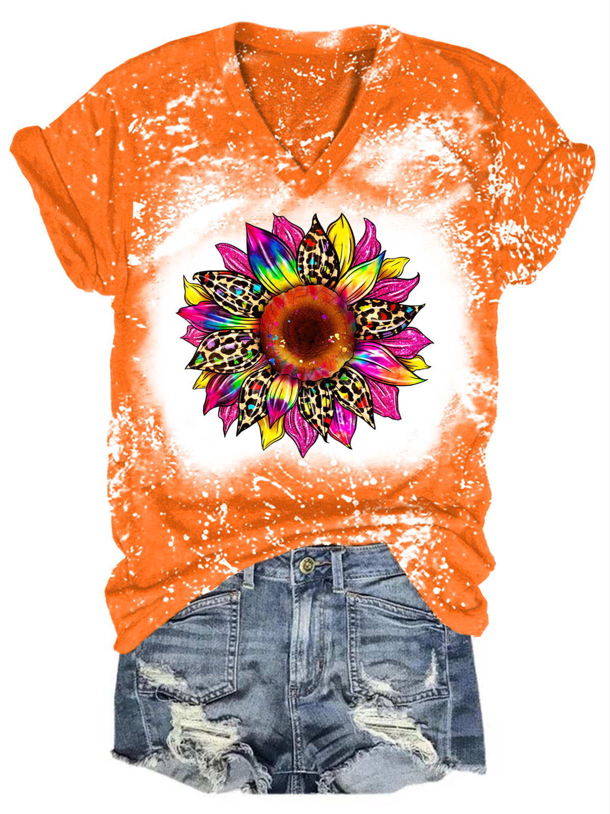 Sunflower Tie Dye Print V Neck T-shirt