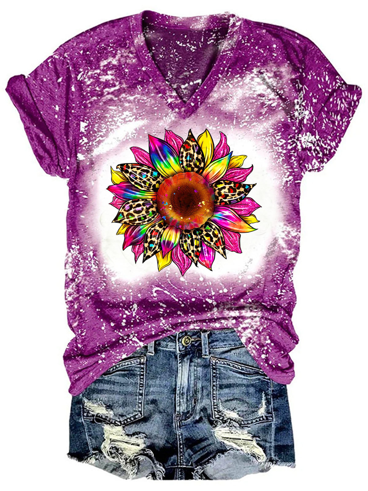 Sunflower Tie Dye Print V Neck T-shirt