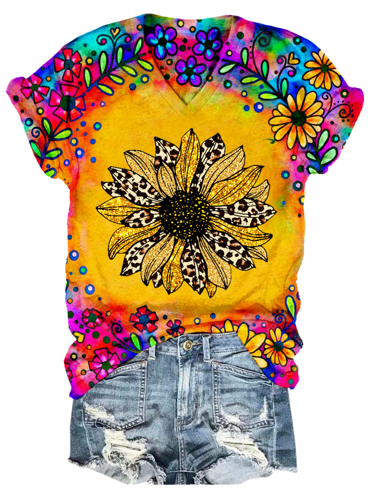 Sunflower Tie Dye Print V Neck T-shirt