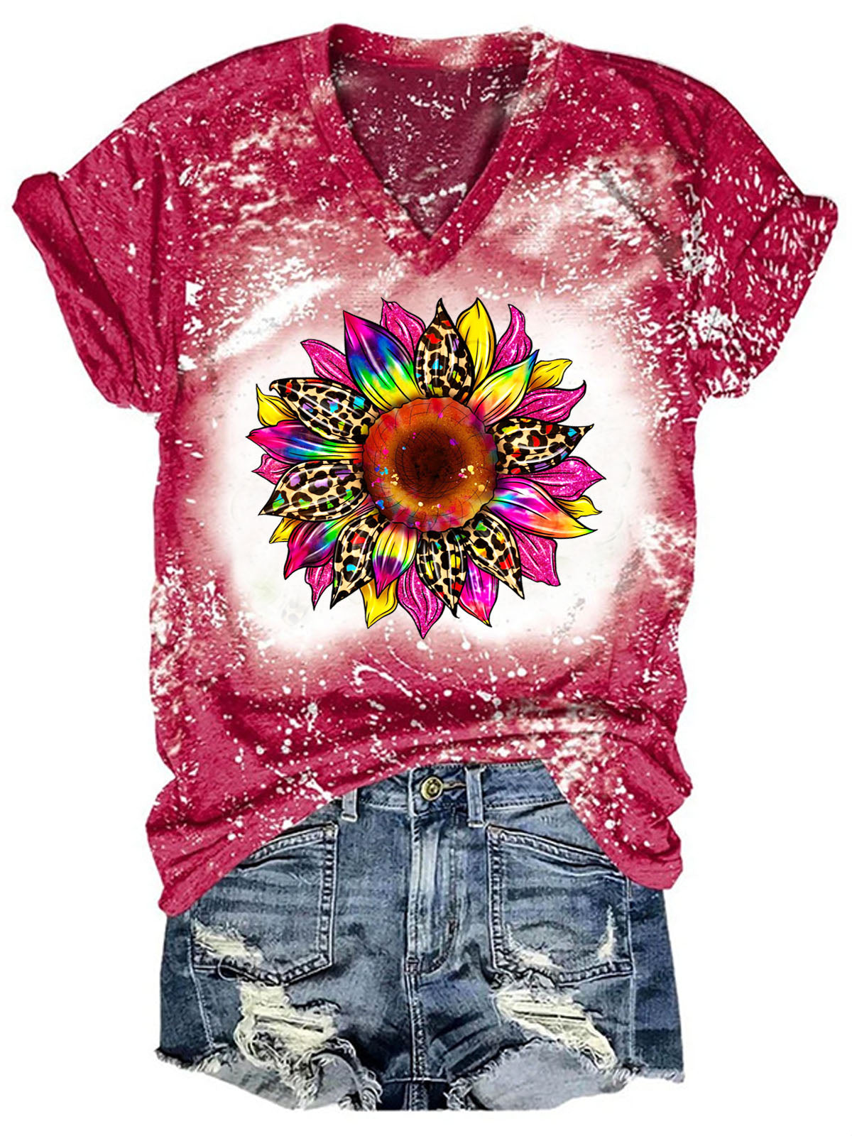 Sunflower Tie Dye Print V Neck T-shirt