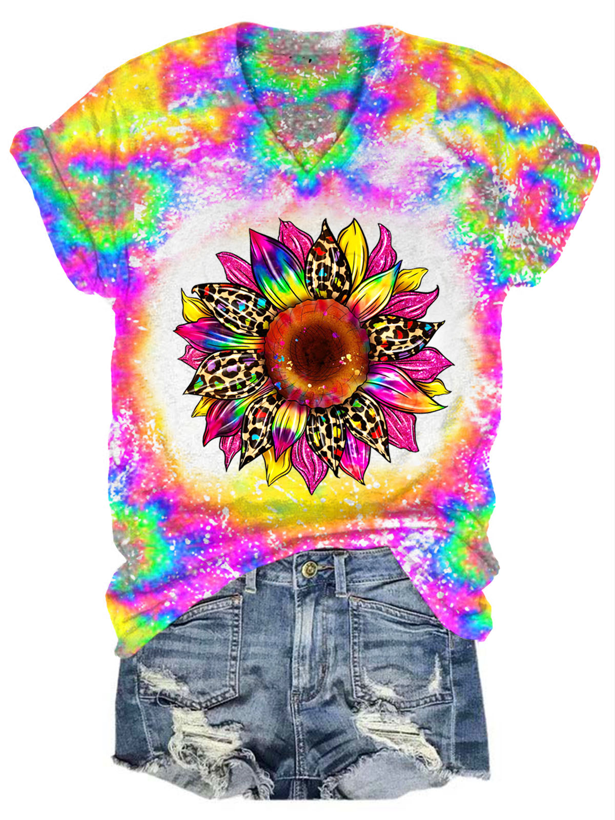 Sunflower Tie Dye Print V Neck T-shirt