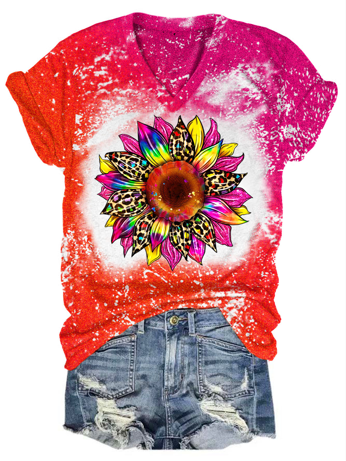 Sunflower Tie Dye Print V Neck T-shirt