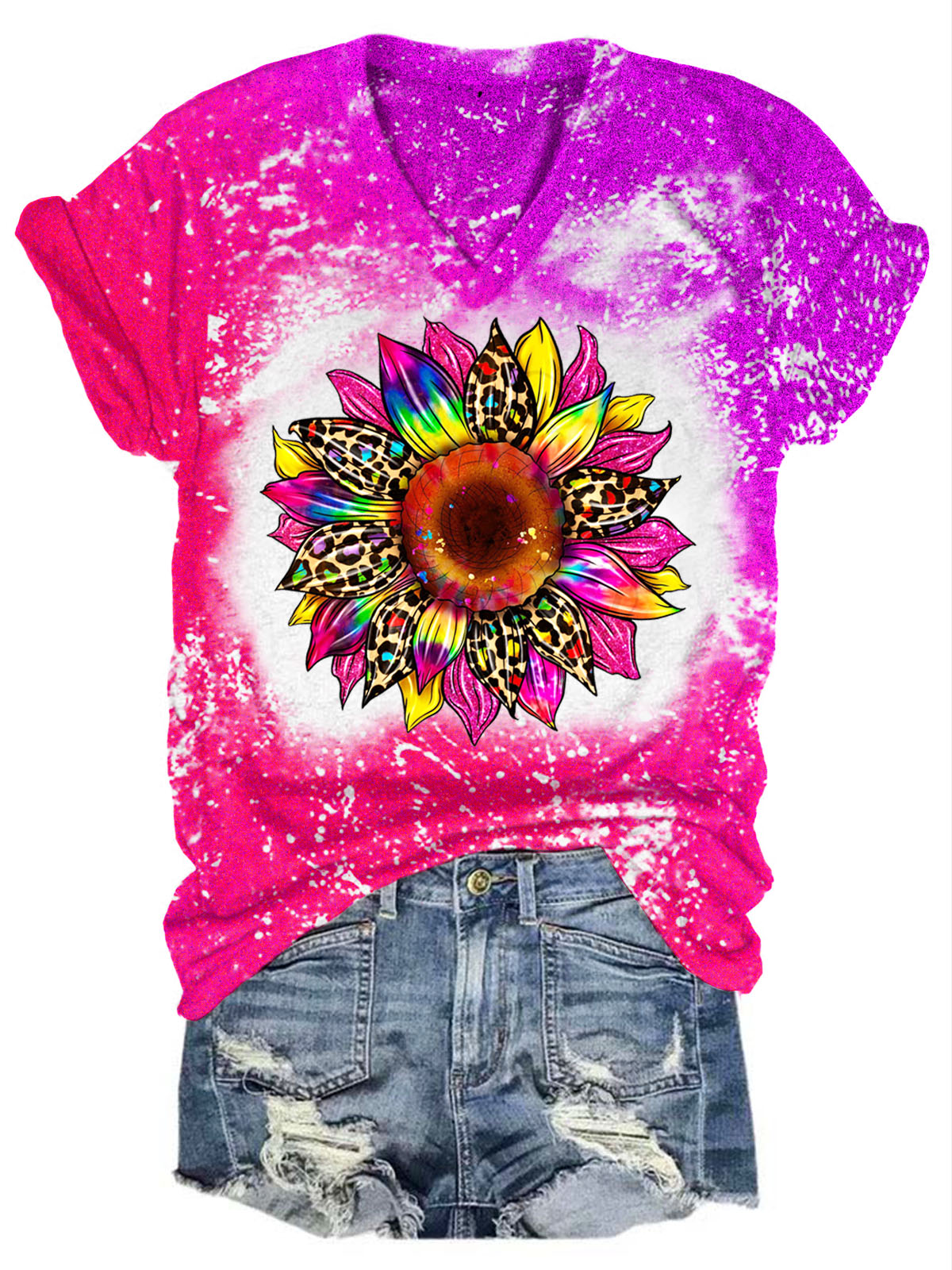 Sunflower Tie Dye Print V Neck T-shirt