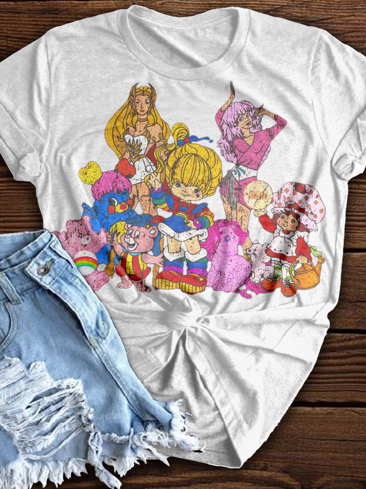 Vintage Cartoon Characters Pattern Crew Neck T-shirt