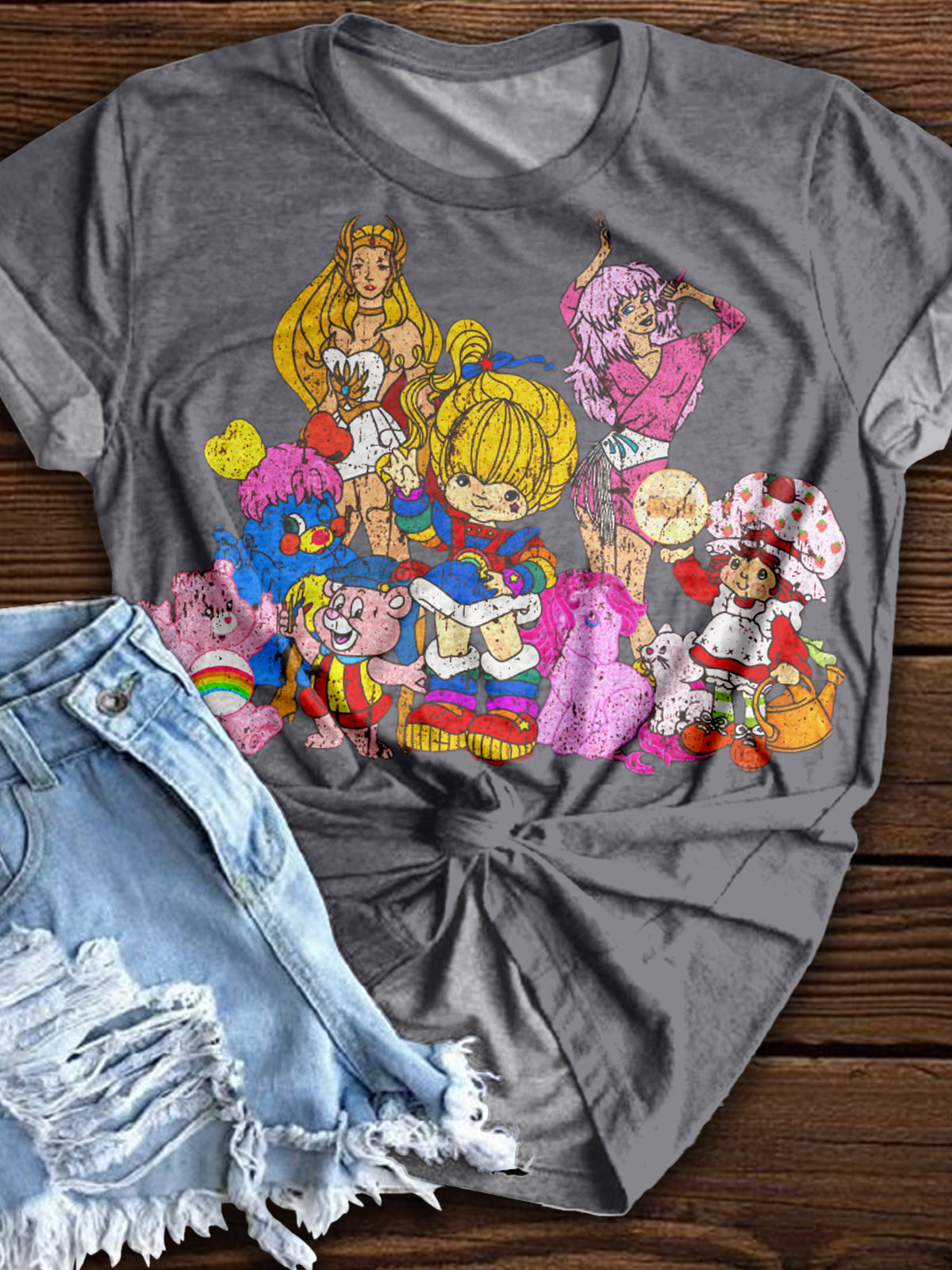 Vintage Cartoon Characters Pattern Crew Neck T-shirt