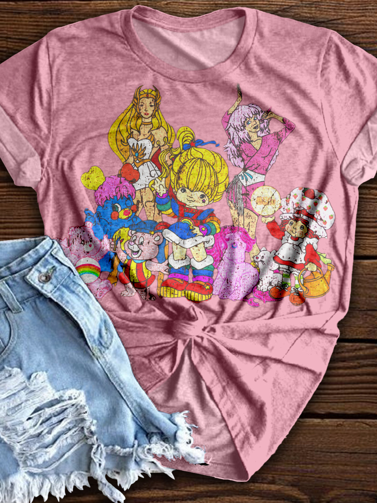 Vintage Cartoon Characters Pattern Crew Neck T-shirt