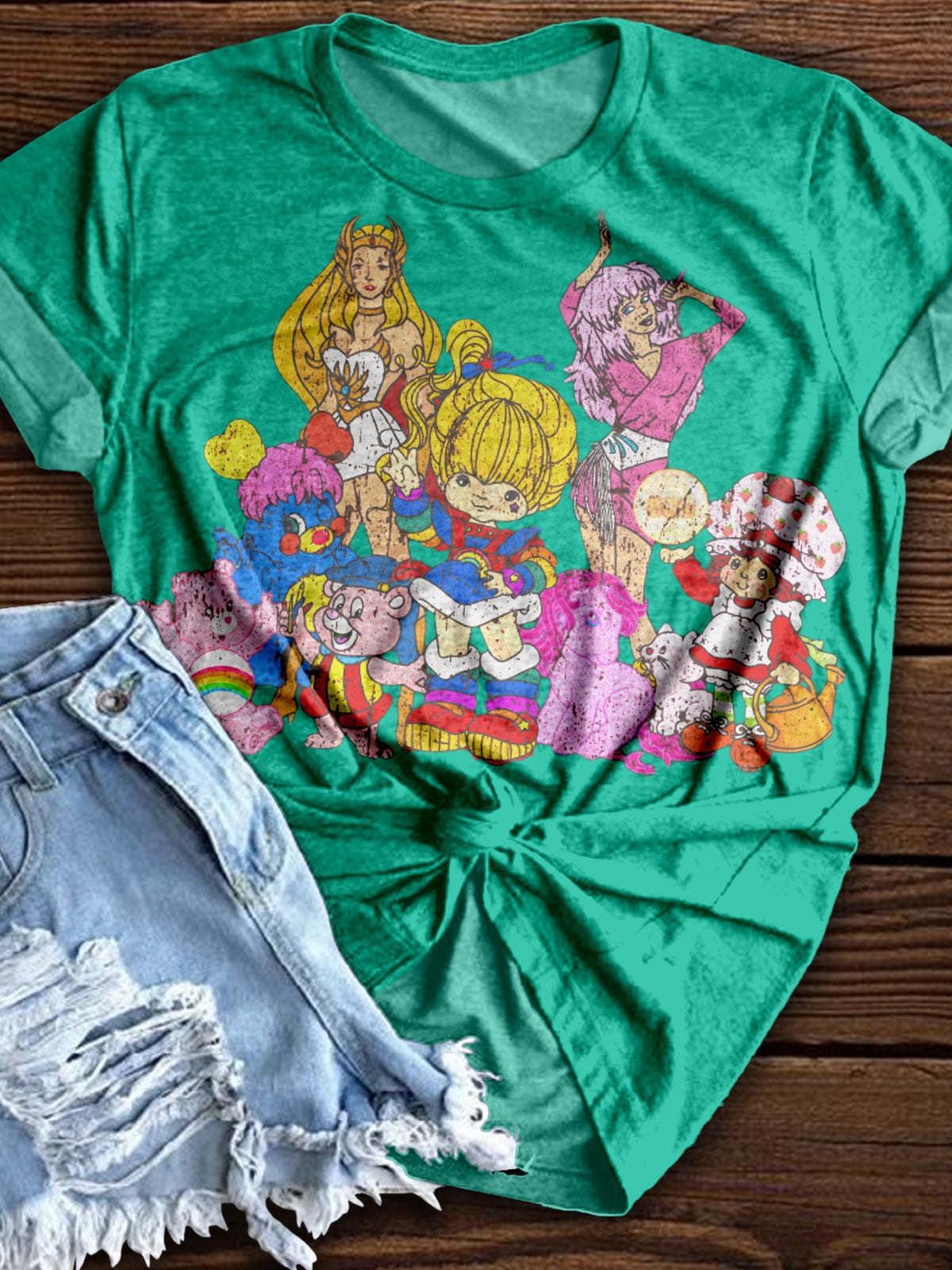 Vintage Cartoon Characters Pattern Crew Neck T-shirt