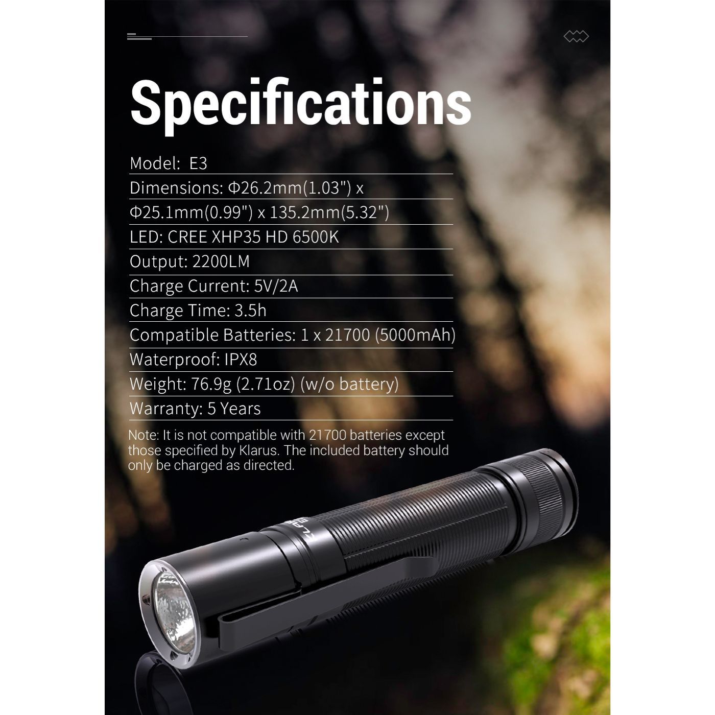 Klarus E3 2200 Lumen Flashlight