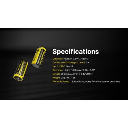 Nitecore NL169R 16340 950mAh Rechargable Battery