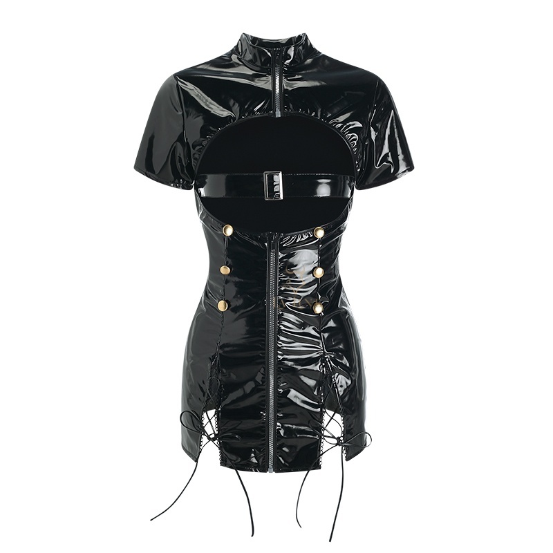 【LA LUNE】Tight Patent Leather Hollow-Out Uniform L Black-eBest-Sexual Clothes,Aesthetic health care-other brands