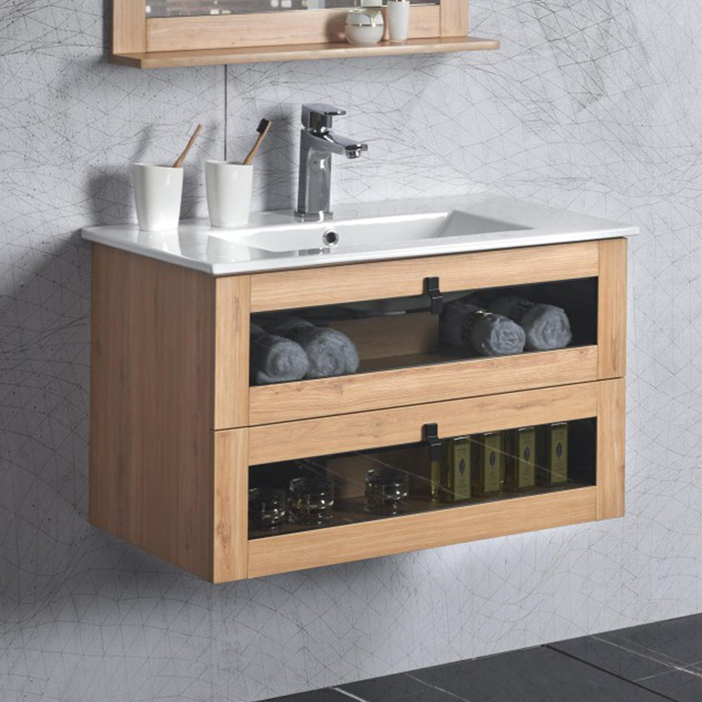 BelBagno Manhattan 600mm Wall Hung Vanity White Oak Two  Drawers One Tap Hole