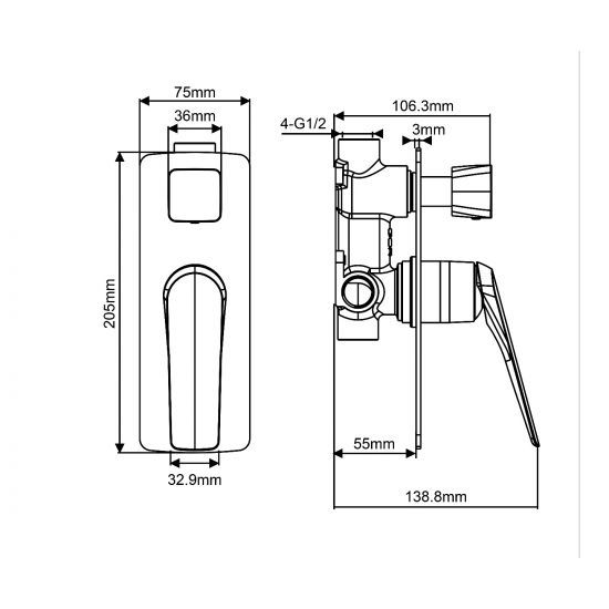 TW Square Black Shower/Bath Wall Mixer with Divert