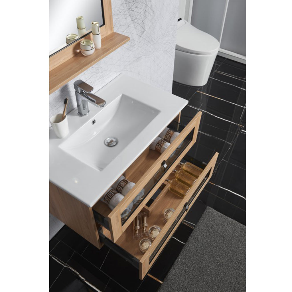 BelBagno Manhattan 600mm Wall Hung Vanity White Oak Two  Drawers One Tap Hole