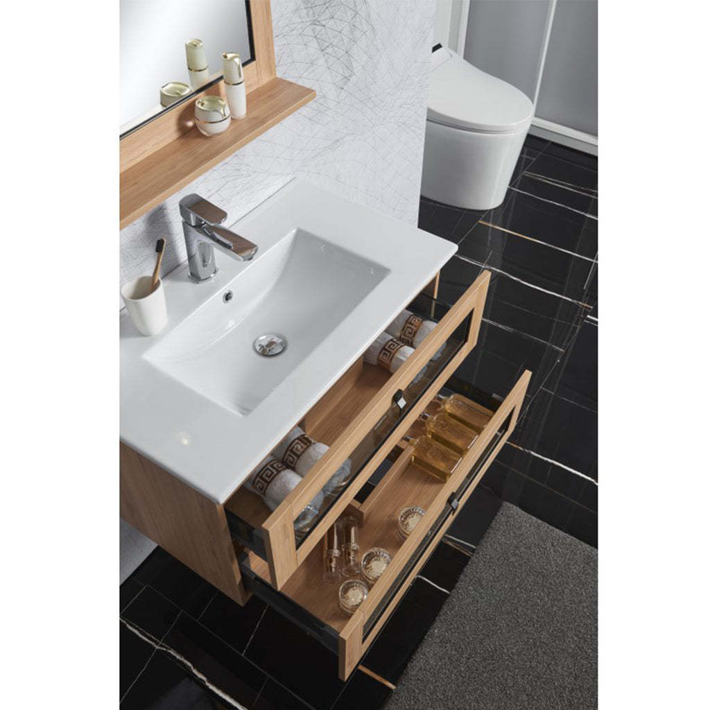 BelBagno Manhattan 600mm Wall Hung Vanity White Oak Two Drawers One Tap Hole