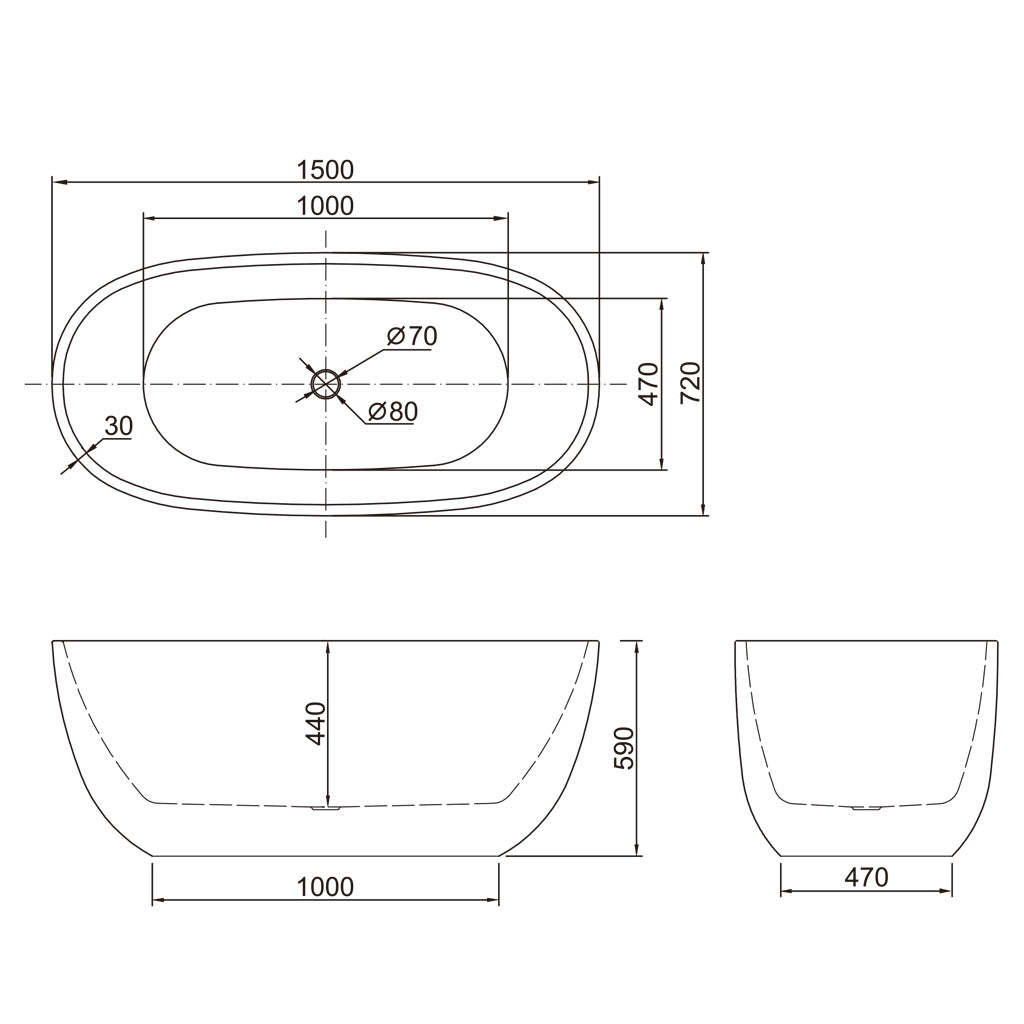 BelBagno ALLY 1500mm Freestanding Bathtub Acrylic Glossy White Oval Shape With Overflow-YT Bathroom