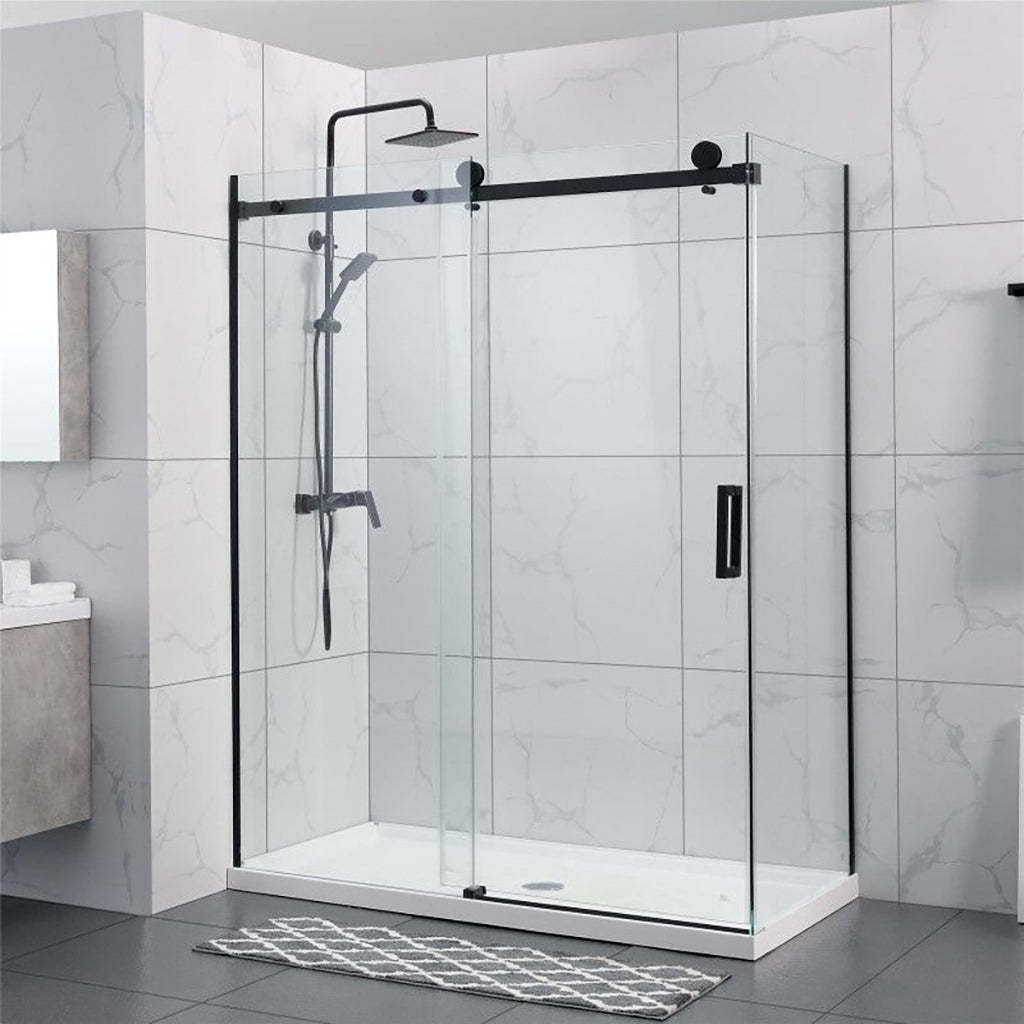 890-1180x2000mm L Shape Sliding Shower Screen Frameless Black Aluminum Square Rail 10mm Glass Round Handle-YT Bathroom