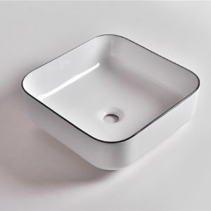 Claya Bathware Aries 380mm Square Ceramic Above Counter Basin Gloss White With Black Rim No Overflow No Tap Hole-YT Bathroom