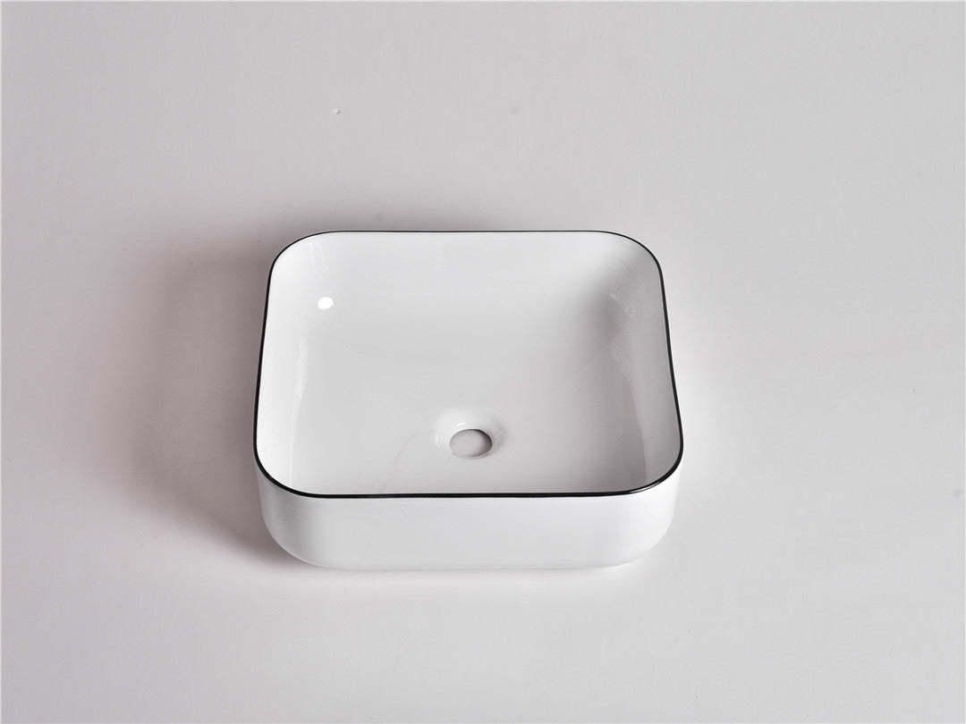 Claya Bathware Aries 380mm Square Ceramic Above Counter Basin Gloss White With Black Rim No Overflow No Tap Hole-YT Bathroom