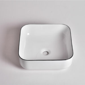 Claya Bathware Aries 380mm Square Ceramic Above Counter Basin Gloss White With Black Rim No Overflow No Tap Hole-YT Bathroom