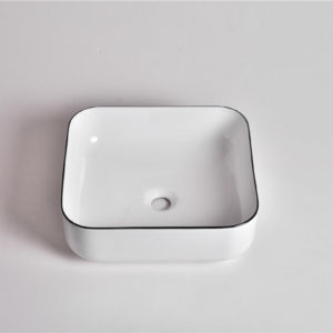 Claya Bathware Aries 380mm Square Ceramic Above Counter Basin Gloss White With Black Rim No Overflow No Tap Hole-YT Bathroom