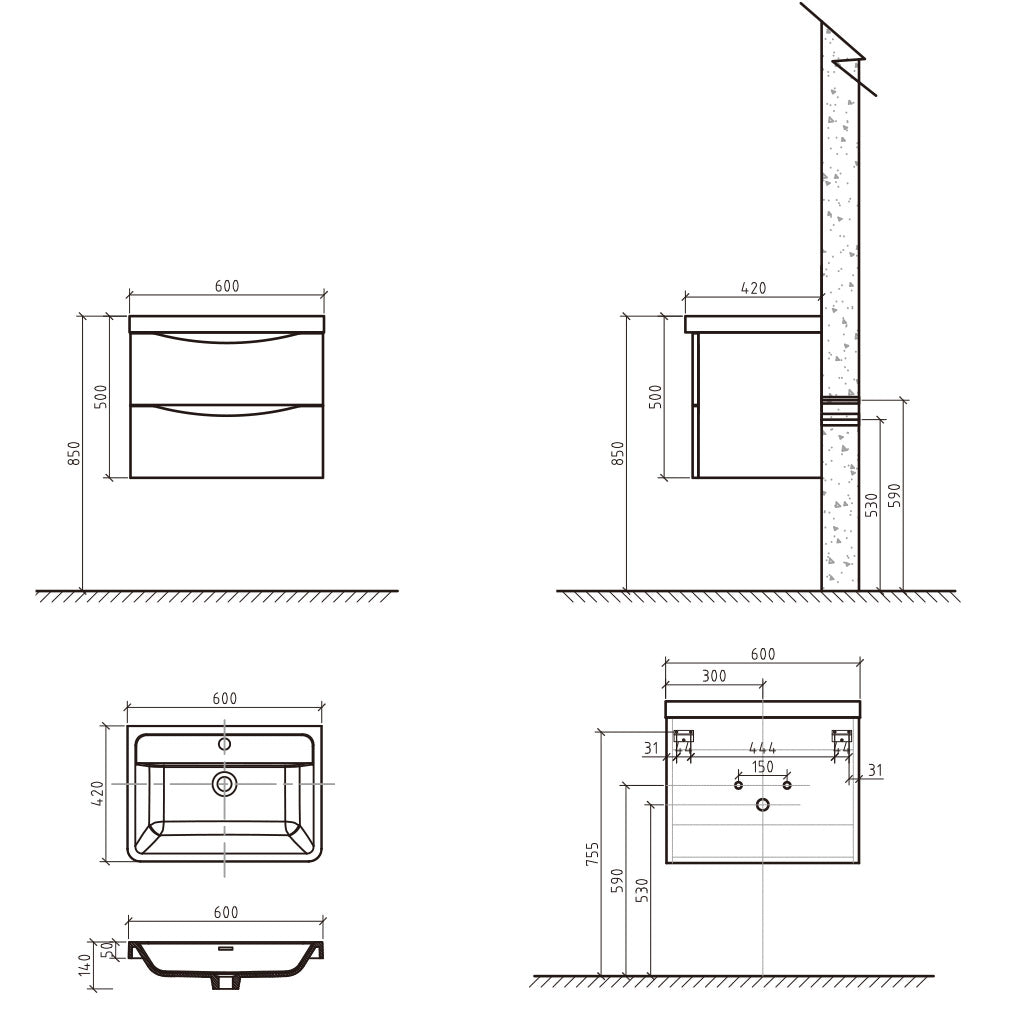 BELBAGNO ANCONA 600MM WALL HUNG WHITE OAK-YT Bathroom