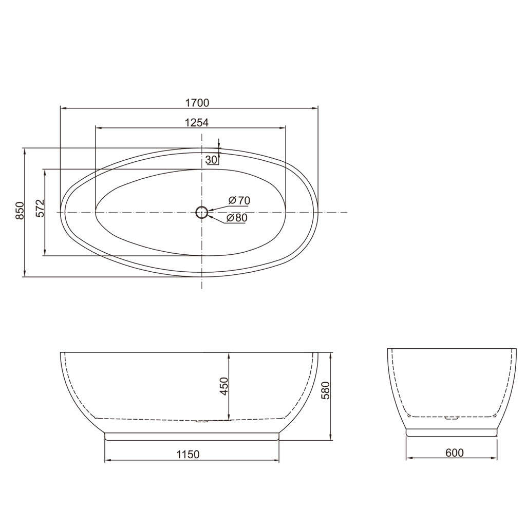 BelBagno AVEO 1700mm Freestanding Bathtub Acrylic Glossy White Oval Shape NO Overflow-YT Bathroom