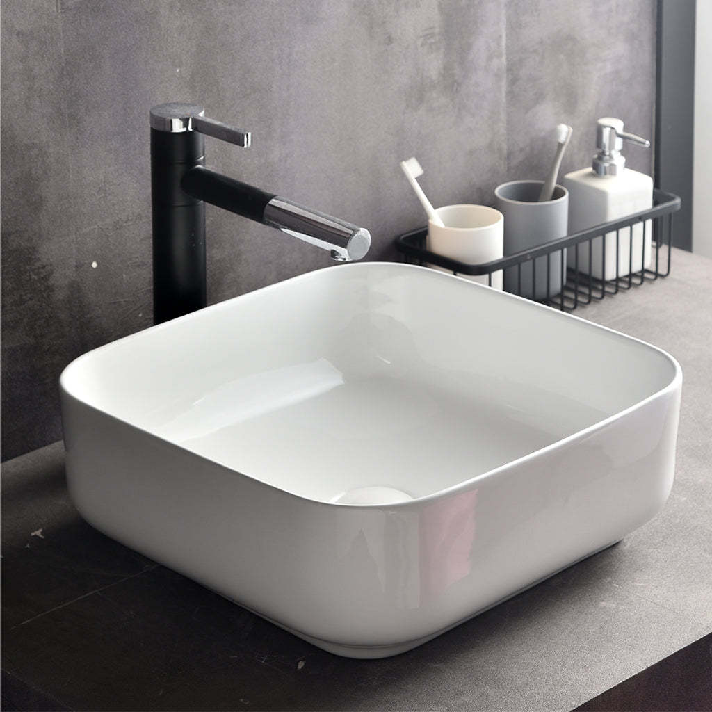 Claya Bathware Luna 380mm Rectangle Ceramic Above Counter Basin Gloss White No Overflow No Tap Hole-YT Bathroom