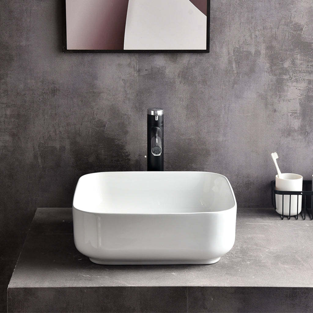 Claya Bathware Luna 380mm Rectangle Ceramic Above Counter Basin Gloss White No Overflow No Tap Hole-YT Bathroom