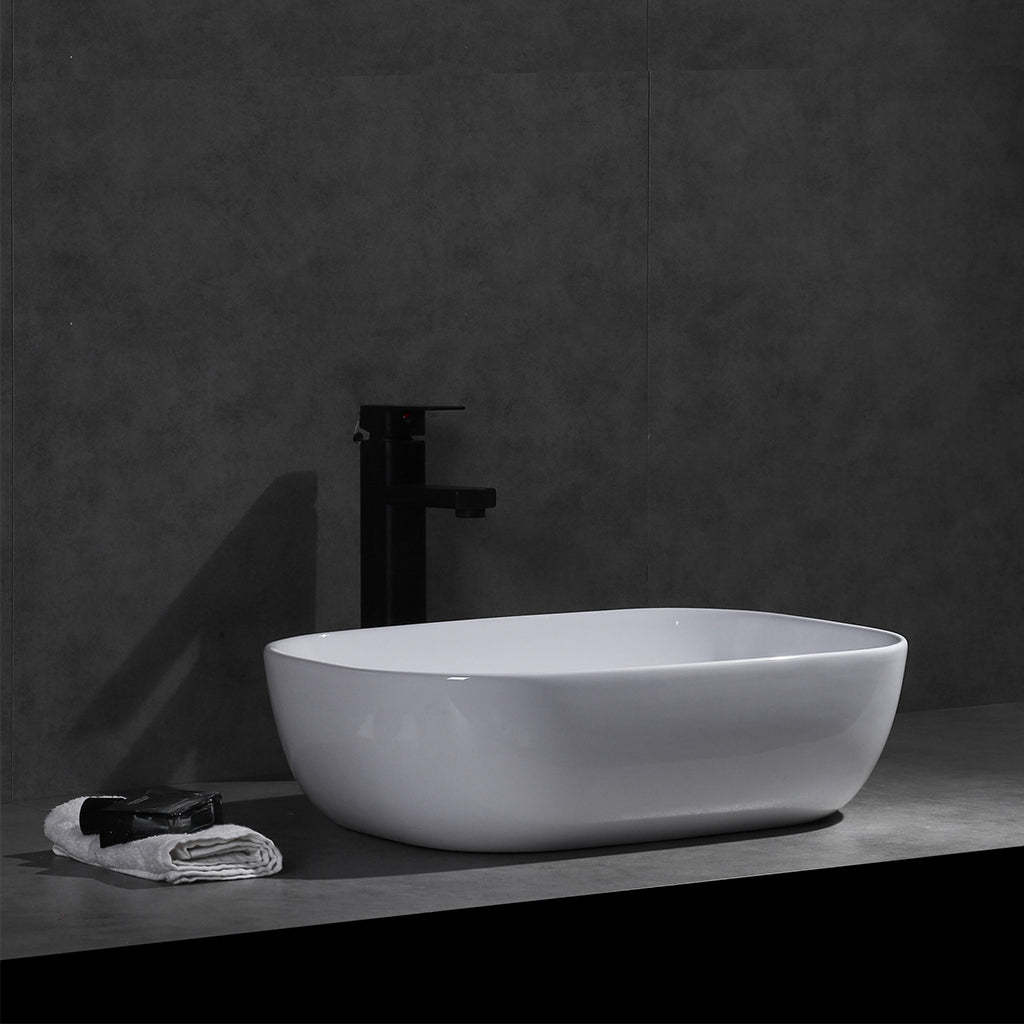 Claya Bathware Luna 460mm Rectangle Ceramic Above Counter Basin Gloss White No Overflow No Tap Hole-YT Bathroom