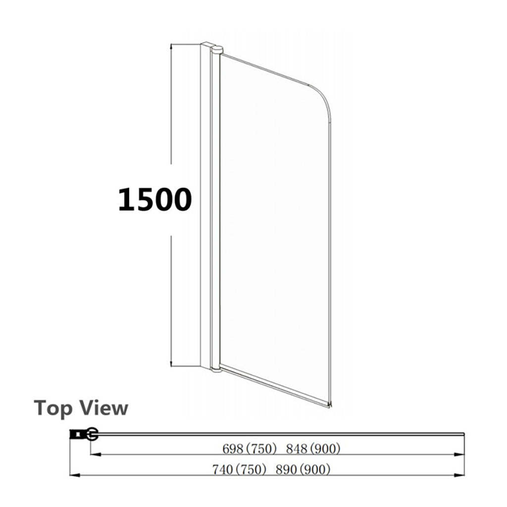 750/900x1500mm Rounded Single Bathtub Shower Screen Swing Black Aluminum 6mm Tempered Glass Left/Right Side-YT Bathroom