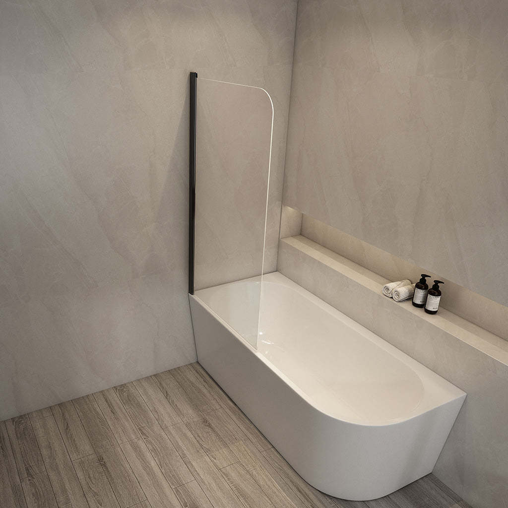 750/900x1500mm Rounded Single Bathtub Shower Screen Swing Black Aluminum 6mm Tempered Glass Left/Right Side-YT Bathroom