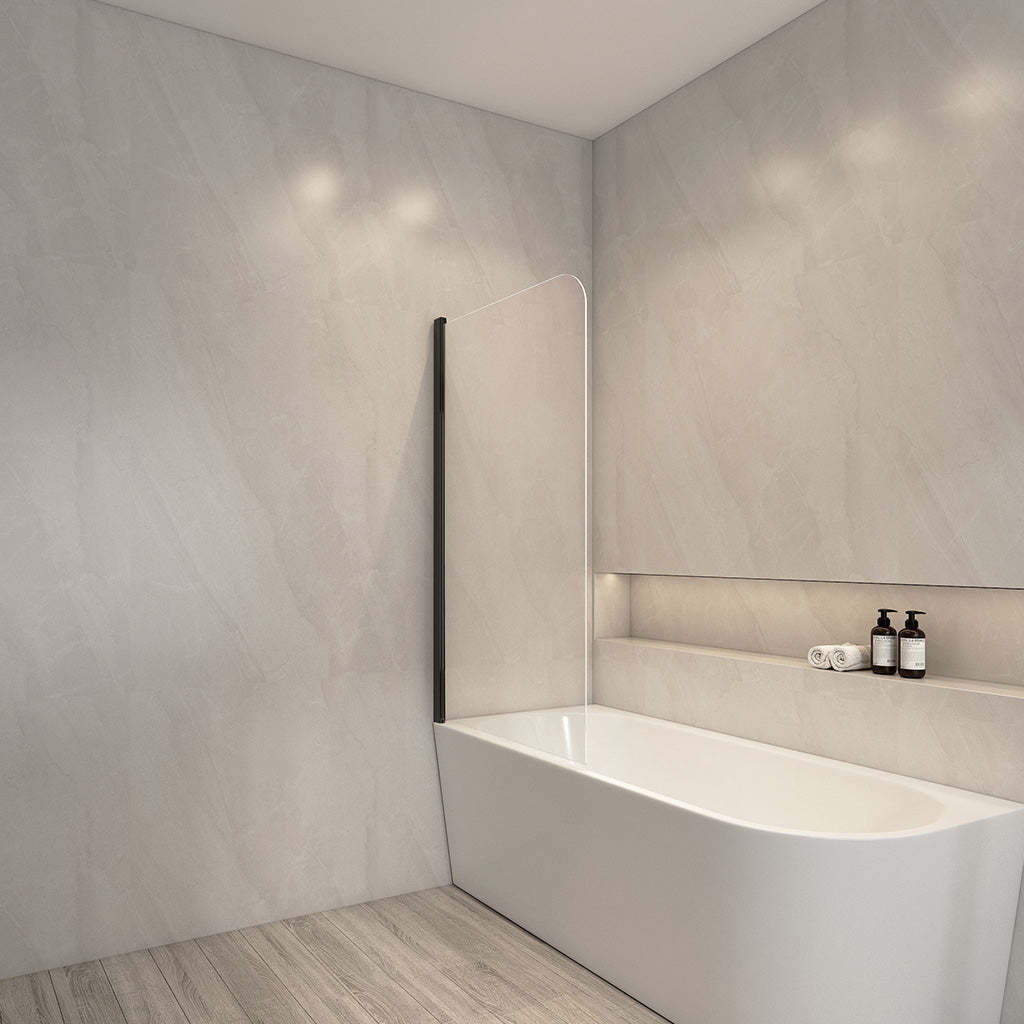 750/900x1500mm Rounded Single Bathtub Shower Screen Swing Black Aluminum 6mm Tempered Glass Left/Right Side-YT Bathroom