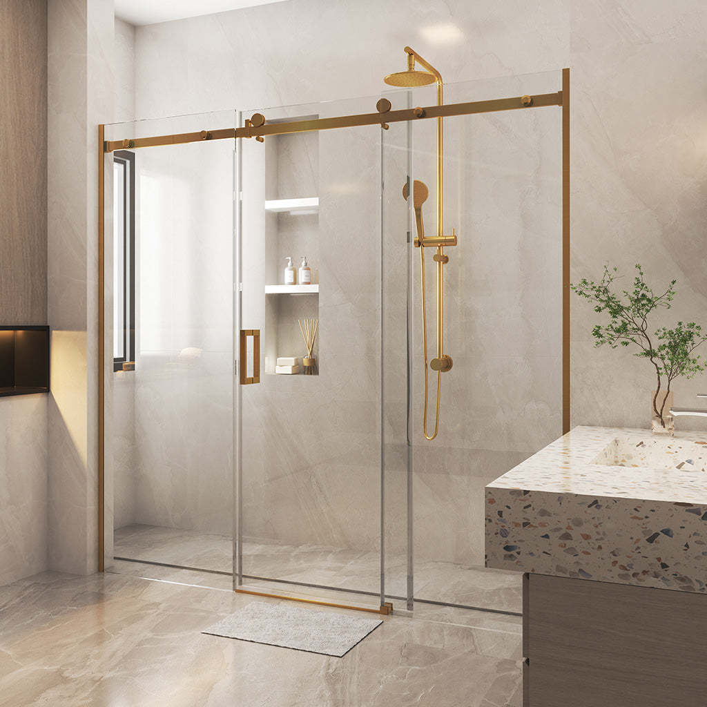 870-1180x2000mm Wall to Wall Sliding Shower Screen Frameless Brush Gold Stainless Steel Square Rail 10mm Glass Round Handle-YT Bathroom