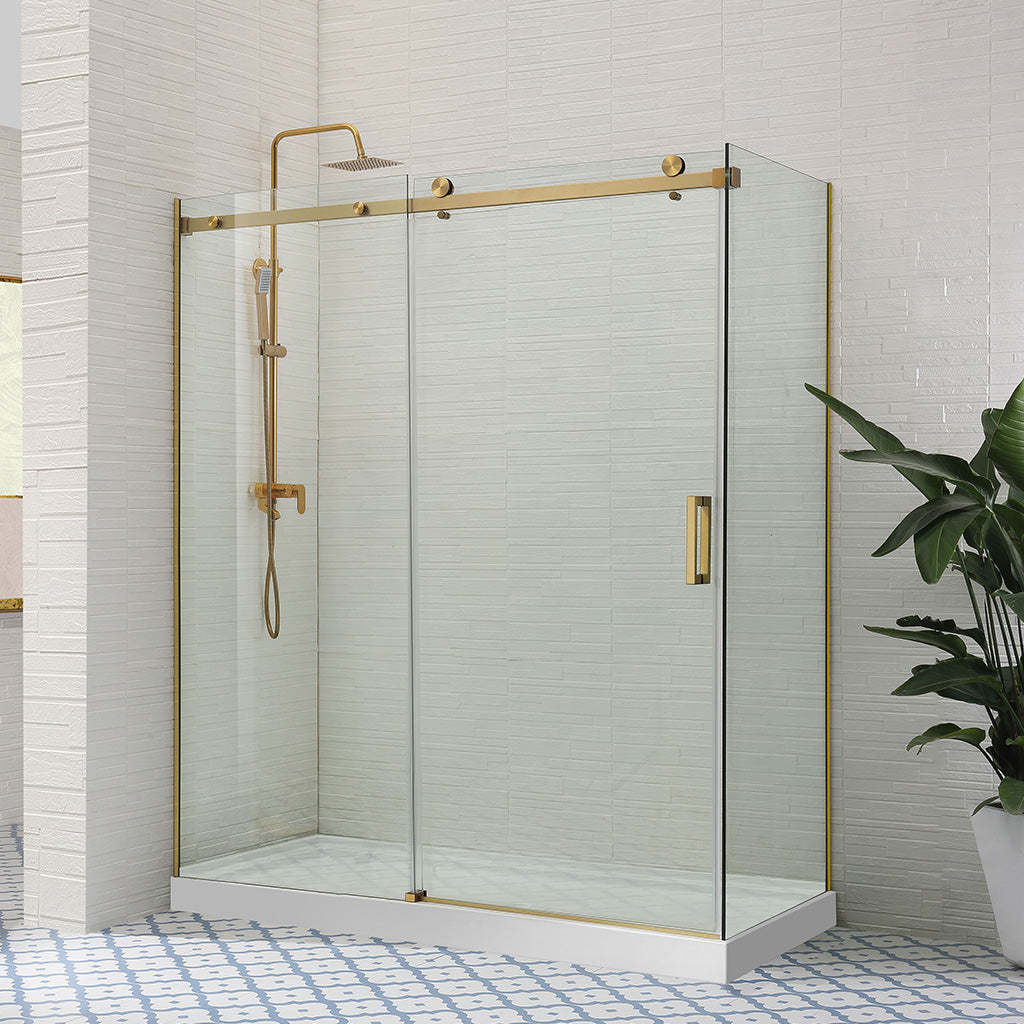 870-1180x2000mm Wall to Wall Sliding Shower Screen Frameless Brush Gold Stainless Steel Square Rail 10mm Glass Round Handle-YT Bathroom