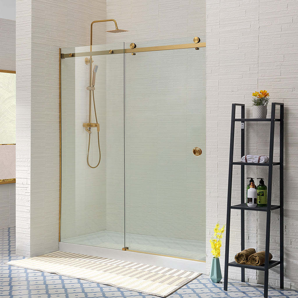 870-1180x2000mm Wall to Wall Sliding Shower Screen Frameless Brush Gold Stainless Steel Square Rail 10mm Glass Round Handle-YT Bathroom