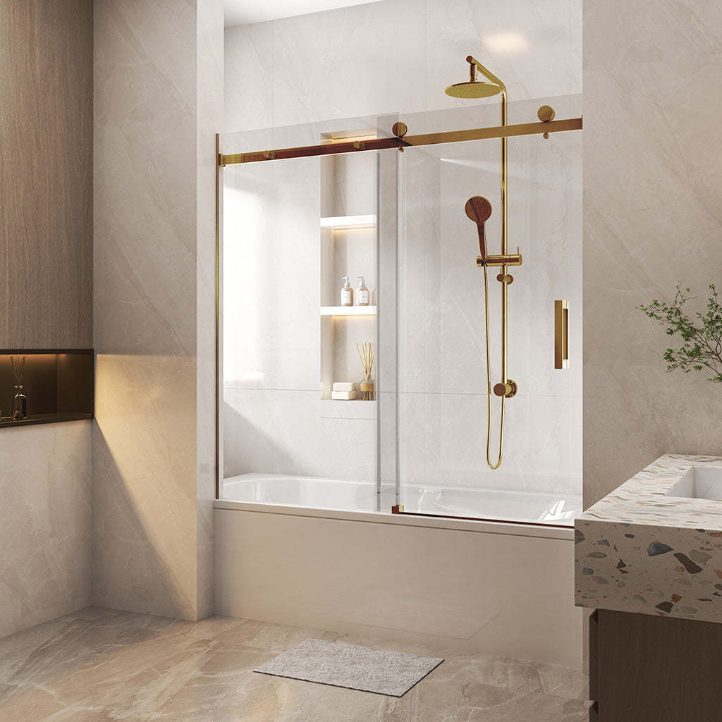 1450-1800*1600mm Bathtub Sliding Shower Screen Wall to Wall Frameless Square Handle Brush Gold-YT Bathroom