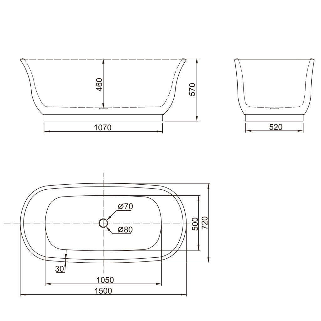 BelBagno BADEN 1500mm Freestanding Bathtub Acrylic Glossy White Oval Shape With Overflow-YT Bathroom