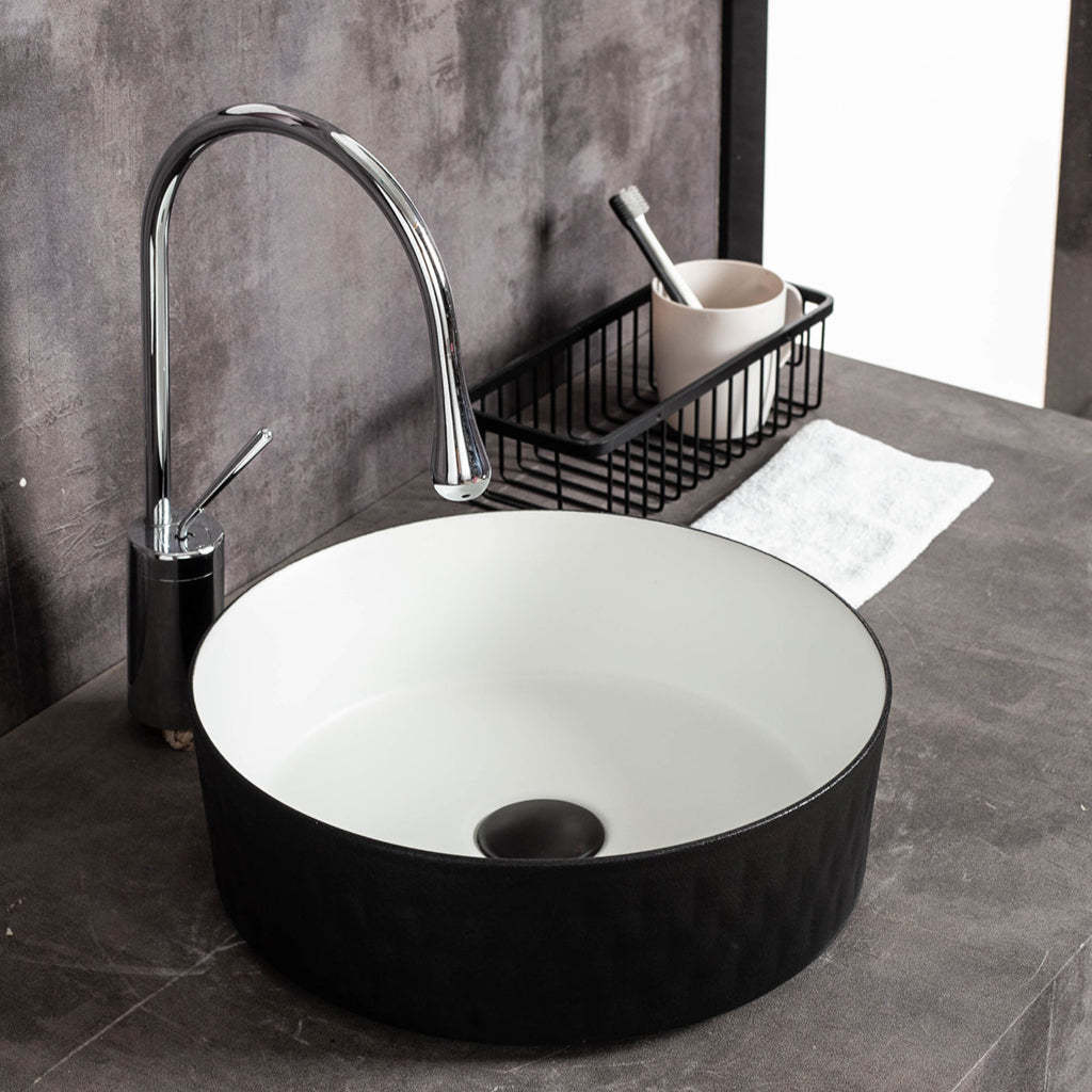 Claya Bathware Polar 360mm Round Ceramic Above Counter Basin Matte White Interior Matte Black Exterior No Overflow No Tap Hole-YT Bathroom