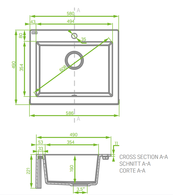 Laveo 490*580*220mm White Granite Stone Sink Single Bowl(including Space Saving Siphon and Click-clack Plug)