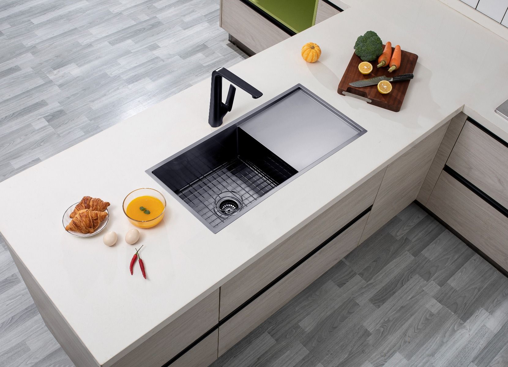 304 Stainless Steel Gun Metal Grey PVD Coating Single Bowl Kitchen Sink with Drainer(Round Edges,with Bottom Tray)960*450*230mm