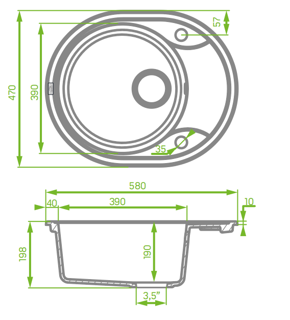 Laveo 470*580*198mm Grey Granite Stone Sink Single Bowl with Short Drainer(including Space Saving Siphon and Automatic Plug)