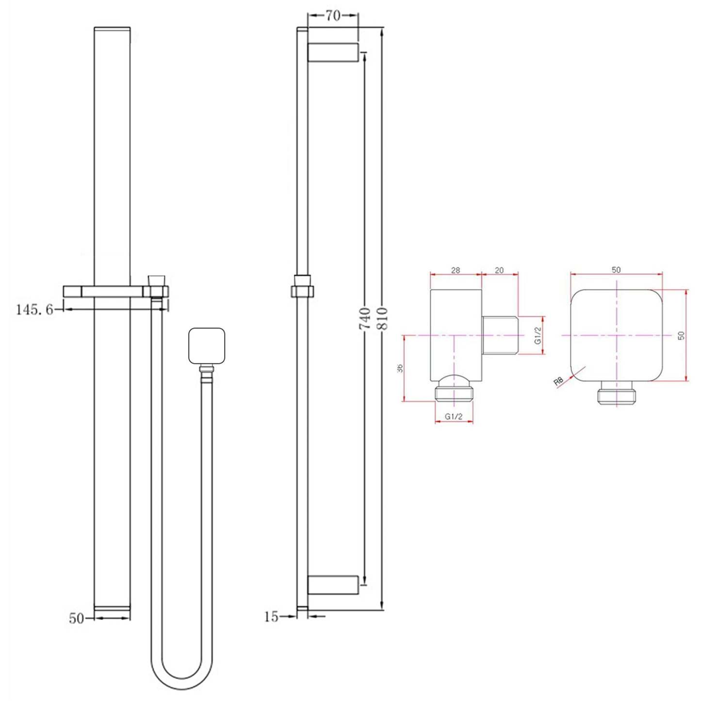 Square Black Sliding Shower Rail without Handheld Shower