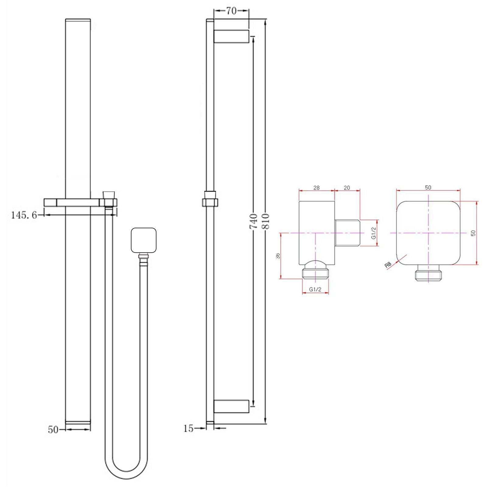 Square Black Sliding Shower Rail without Handheld Shower