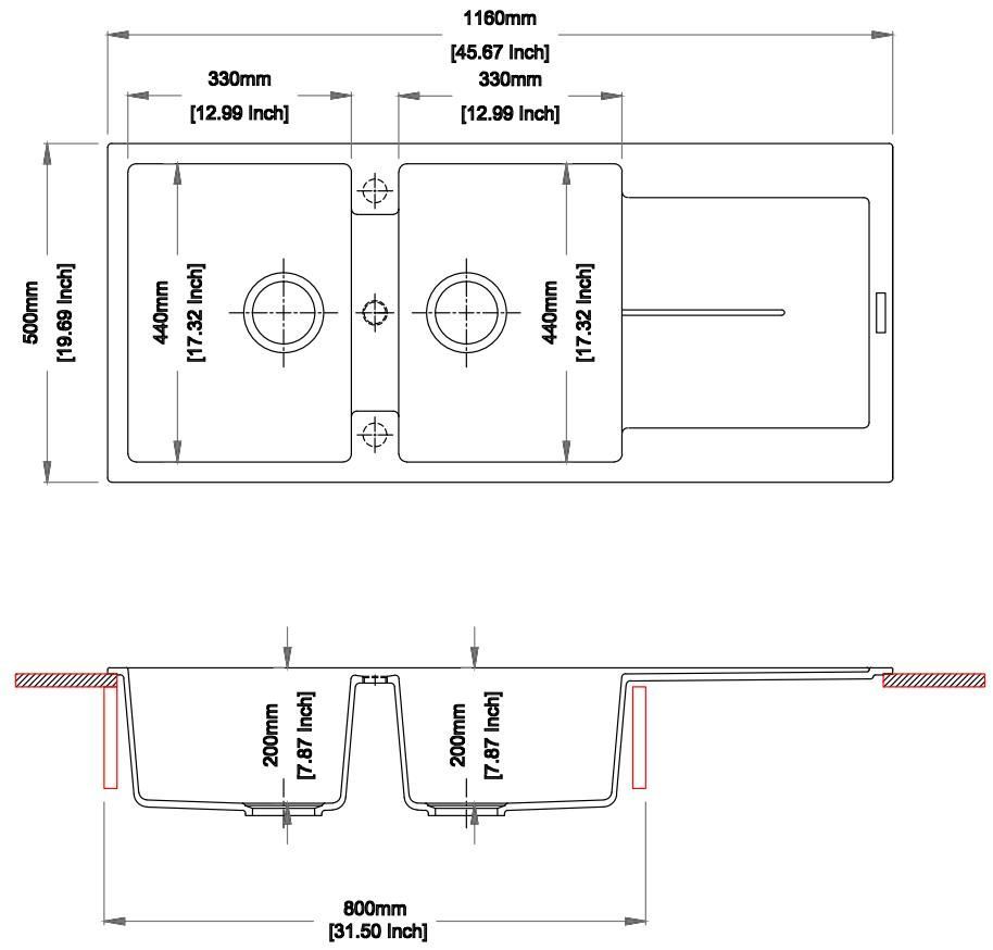 1160x500x200mm Carysil White Double Bowls with Drainer Board Granite Kitchen Laundry Sink Top Mount
