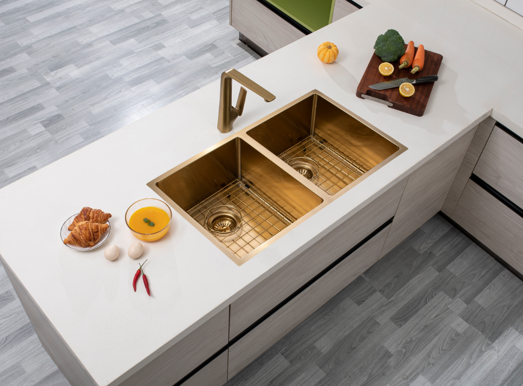 Brushed Gold 770x450x215mm 1.2mm Handmade Top/Undermount Double Bowls Kitchen Sink