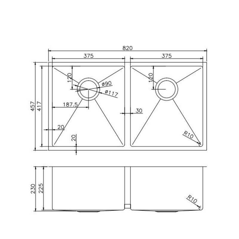 Gun Metal Grey 820x457x230mm 1.2mm Handmade Top/Undermount Double Bowls Kitchen Sink