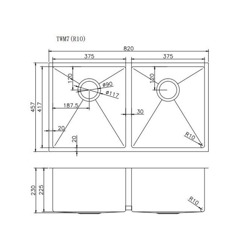   Specification 820x457x230mm Chrome Stainless Steel Double Bowl Kitchen Sink