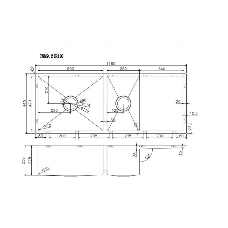 1160x460x230mm Handmade Kitchen Sink One and Half Double Bowls with Drainer Board