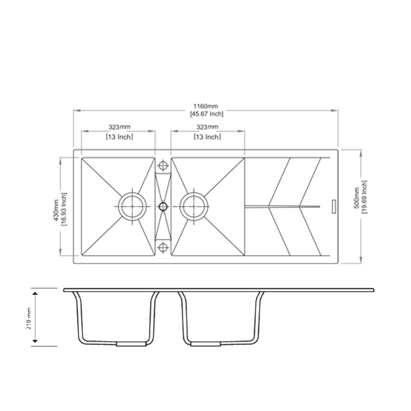 1160 x 500 x 210mm Carysil Concrete Grey Double Bowl Drainer Board Granite Kitchen Sink Top/Flush/Under Mount