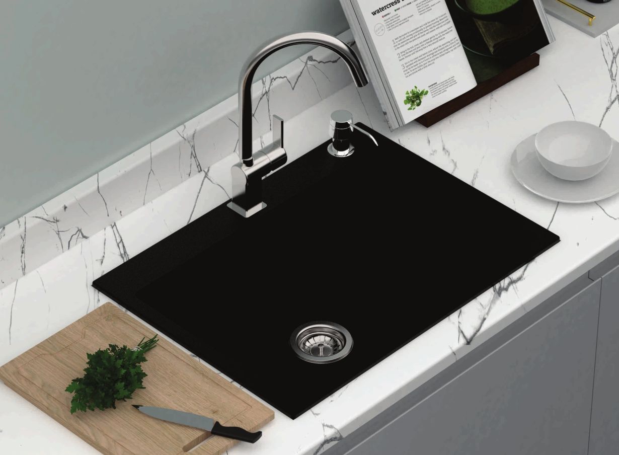 680 x 500 x 220mm Carysil Black Single Bowl Granite Stone Kitchen Sink Top/Under Mount